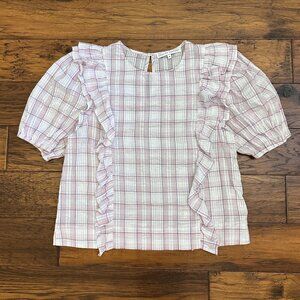 EUC English Factory Plaid Puff Sleeve Ruffle Top